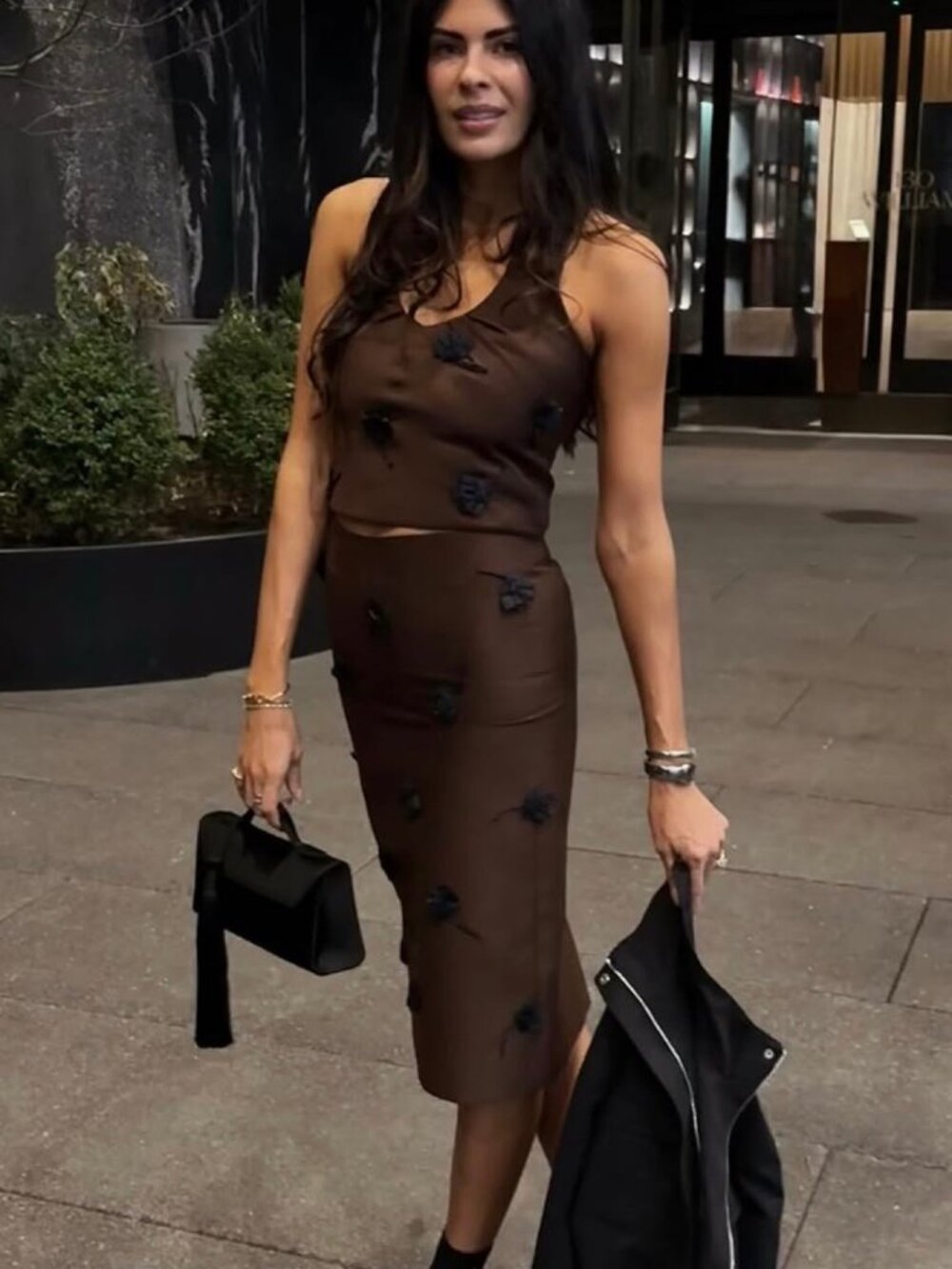 SHUSHU/TONG 2-Piece Set – Brown Vest Top & Midi Skirt, Floral Appliqué, UK 6